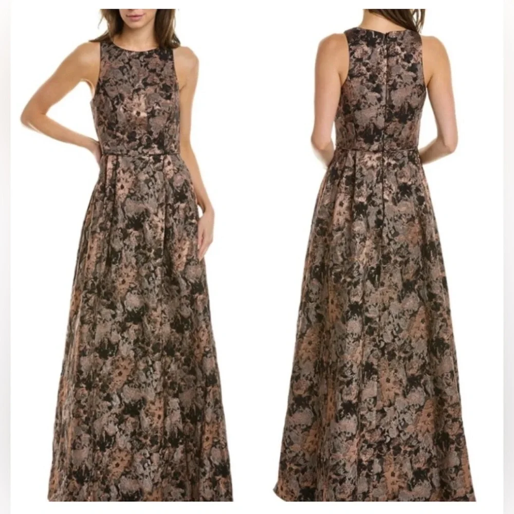 JOHNNY WAS Bronze Metallic Jacquard Sleeveless Pleated Maxi Dress Ball Gown